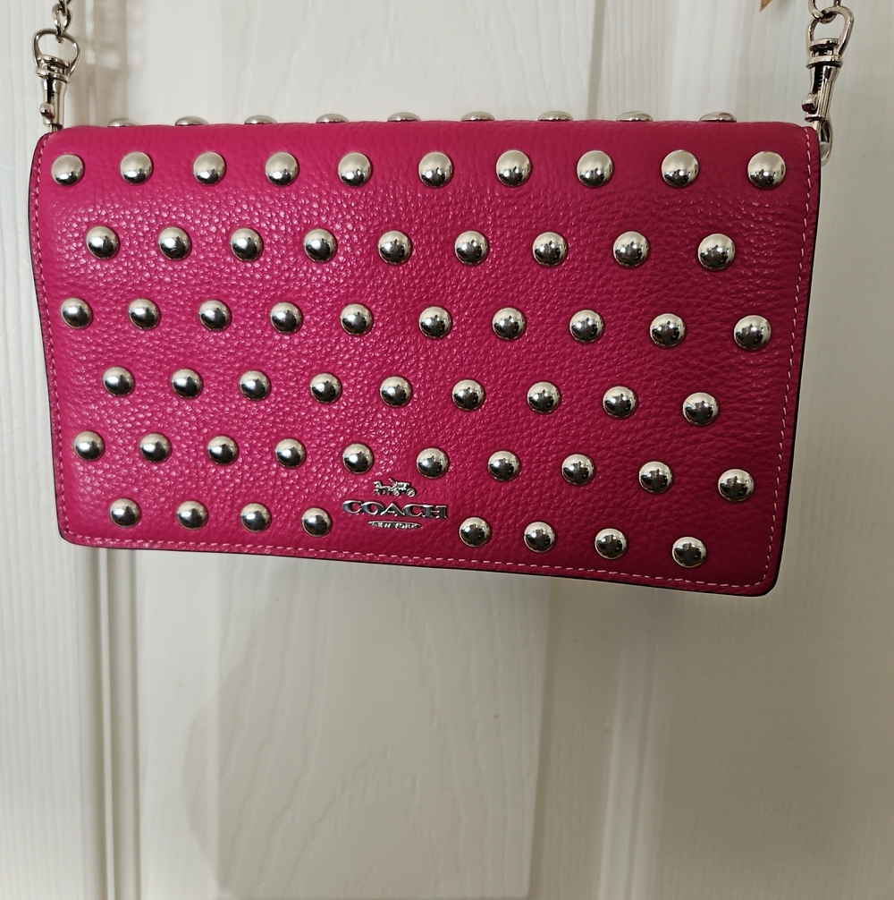 Coach Anna Foldover Clutch Crossbody with Rivets Pink
